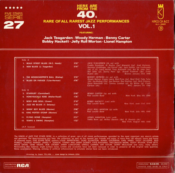 Release: Here Are From The 40's Rare Of All Rarest Jazz Performances Vol. 1-Vinyl-Italy-None-KLJ-20027, KLJ 20027-16572759