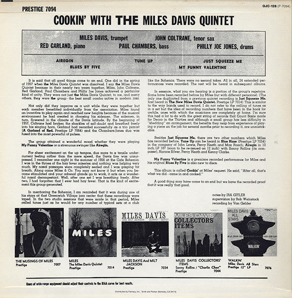 Release: Cookin' With The Miles Davis Quintet-Vinyl-US-1984-OJC-128, P-7094, 7094-369506