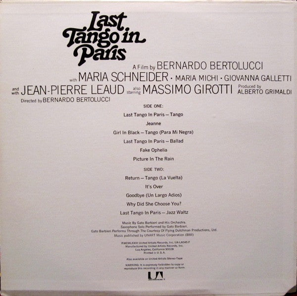 Master Release: Ultimo Tango A Parigi (Colonna Sonora Originale Del Film)  by Gato Barbieri