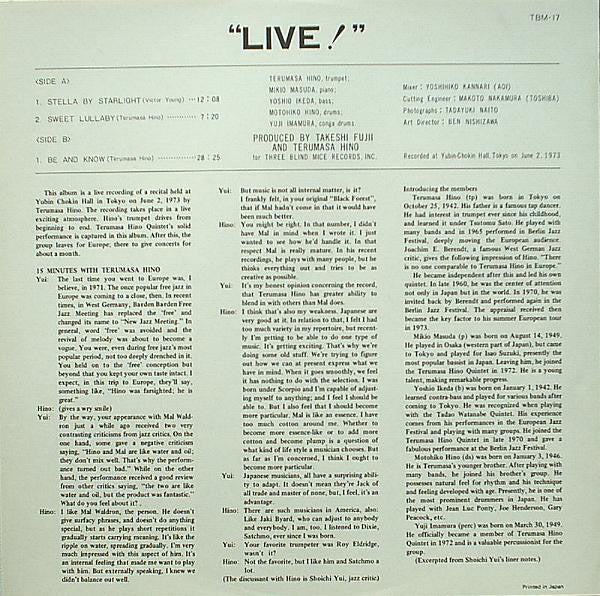 Release: Live! = ライブ!-Vinyl-Japan-1977-TBM-2517-828462