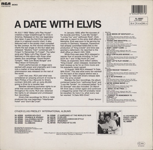 Release: A Date With Elvis-Vinyl-UK & Europe-None-NL 89097, NL 89097-827360