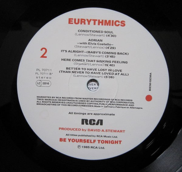 Release: Be Yourself Tonight-Vinyl-UK & Europe-1985-PL 70711, PL70711-7B, PL 70711-8-163168