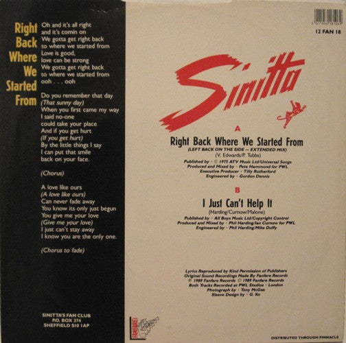 Master Release: Right Back Where We Started From by Sinitta