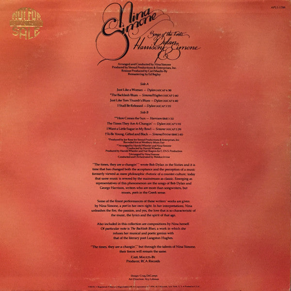 Release: Songs Of The Poets : Dylan, Harrison & Simone-Vinyl-US-1976-APL1-1788-1697519