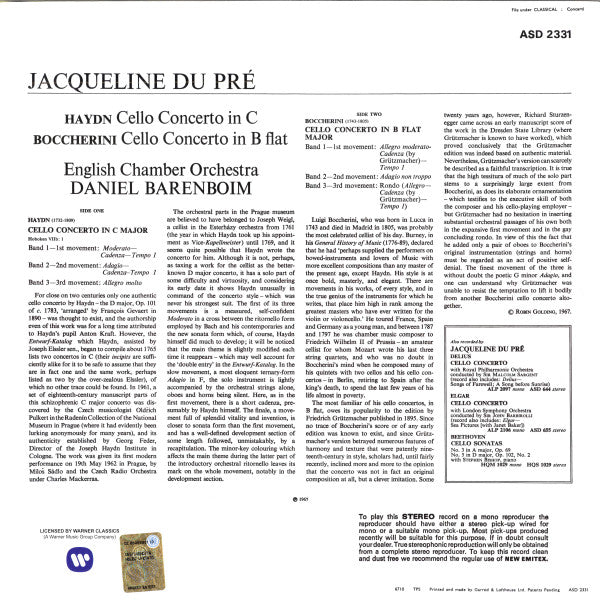 Master Release: Haydn: Cello Concerto In C / Boccherini: Cello Concerto In B Flat by Jacqueline Du Pré