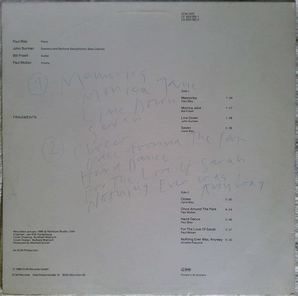 Release: Fragments-Vinyl-Germany-1986-ECM 1320, 829 280-1-2003950
