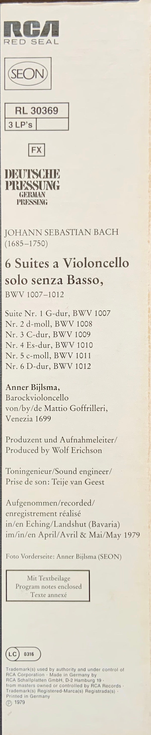 Release: 6 Suites A Violoncello Solo Senza Basso-Vinyl, Box Set-Germany-1979-RL 30369, RL 30369-5047638