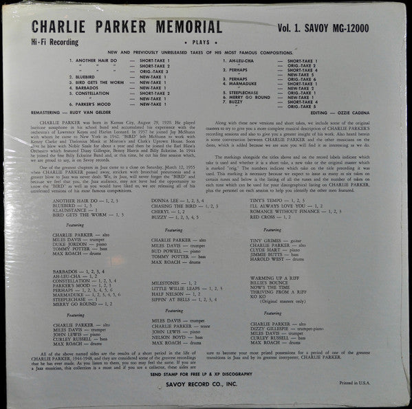 Release: Charlie Parker Memorial-Vinyl-US-None-MG 12000-5347535