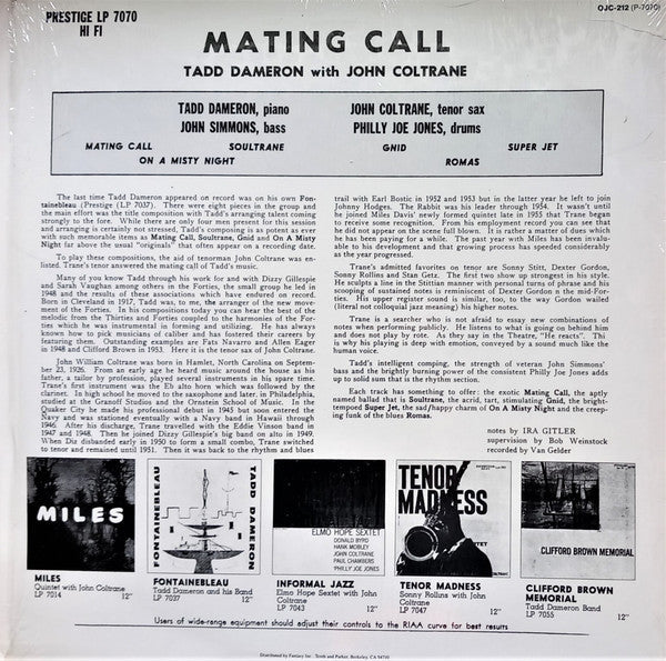 Release: Mating Call-Vinyl-US-1986-OJC-212, P-7070-2719690