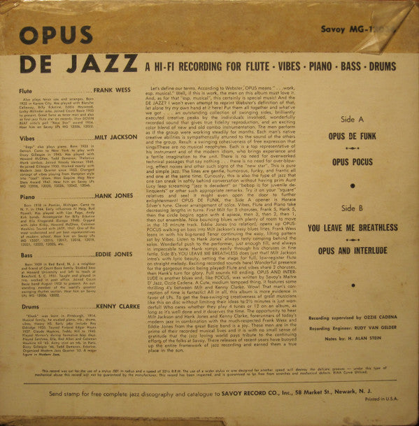 Release: Opus De Jazz-Vinyl-US-1962-MG 12036-9682218