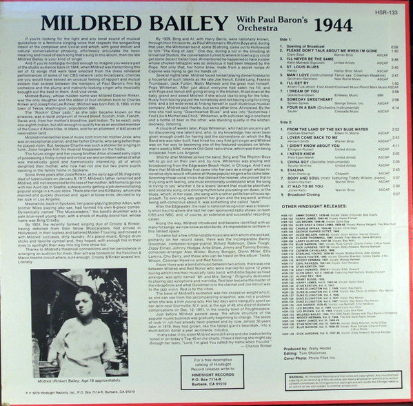 Release: The Uncollected Mildred Bailey 1944 (The CBS Radio Shows)-Vinyl-US-1979-HSR-133-5076027