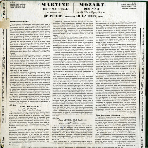 Release: Three Madrigals For Violin And Viola / Duo No.2 In B Flat Major For Violin And Viola, K. 424-Vinyl-US-1950-DL 8510-6610027