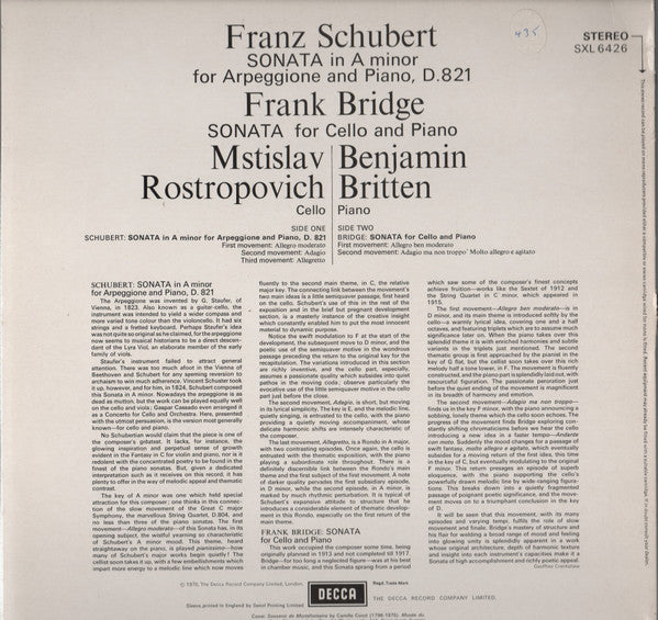 Release: Sonata For Arpeggione And Piano / Sonata For Cello And Piano-Vinyl-UK-None-SXL 6426, SXL.6426-4172434