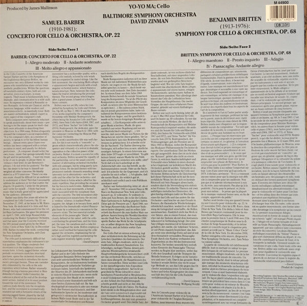 Master Release: Cello Concerto / Symphony For Cello & Orchestra by Yo-Yo Ma