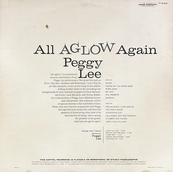 Master Release: All Aglow Again! by Peggy Lee