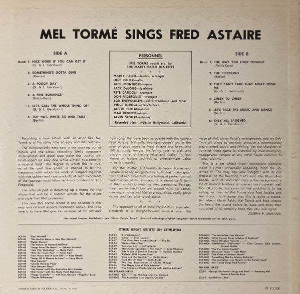 Release: Mel Tormé Sings Fred Astaire-Vinyl-Japan-1974-MP 2355-12004159
