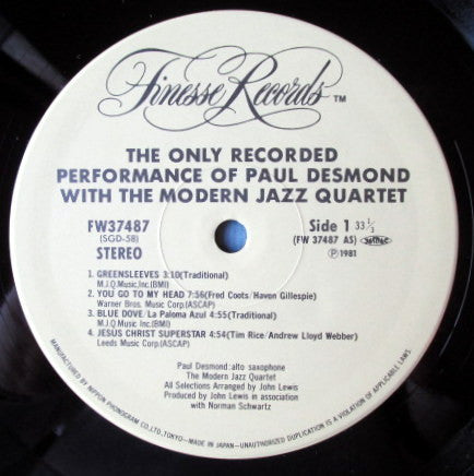 Release: The Only Recorded Performance Of Paul Desmond With The Modern Jazz Quartet-Vinyl-Japan-1991-FW 37487-15075500