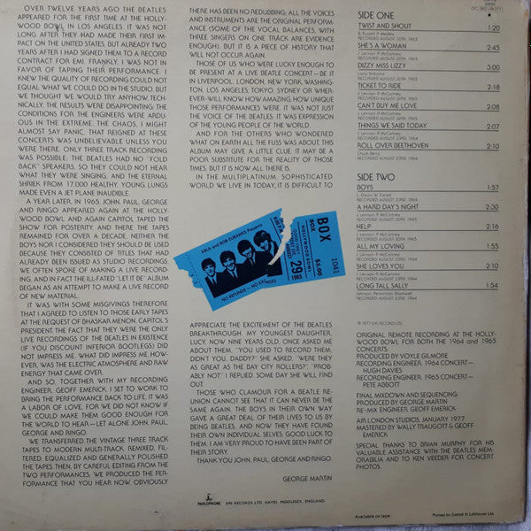 Release: The Beatles At The Hollywood Bowl-Vinyl-UK-1977-EMTV 4, 0C 062-06377-13528159