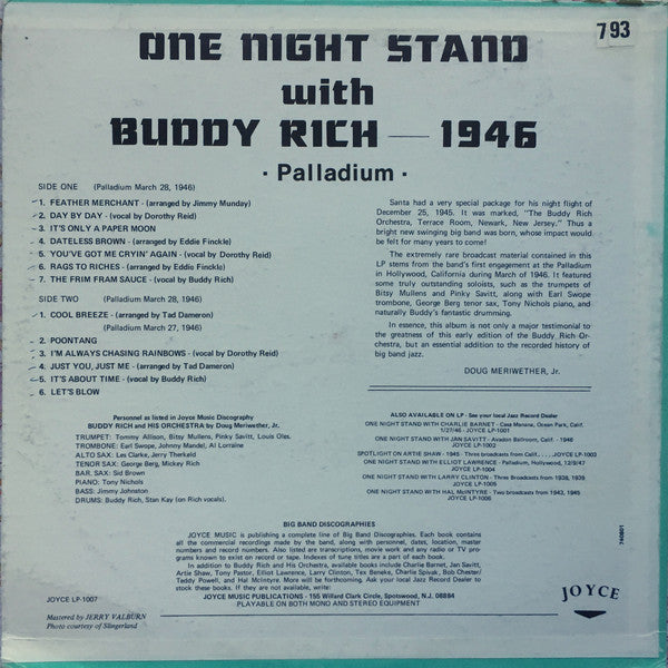 Release: One Night Stand With Buddy Rich 1946-Vinyl-US-1974-LP-1007-10576954