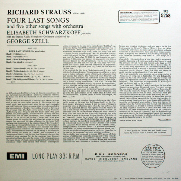 Release: Four Last Songs And Five Other Songs With Orchestra-Vinyl-UK-None-SAX 5258-6908789