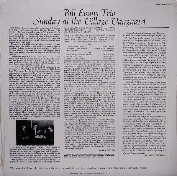 Release: Sunday At The Village Vanguard-Vinyl-US-1984-OJC-140, RLP-9376-9262777