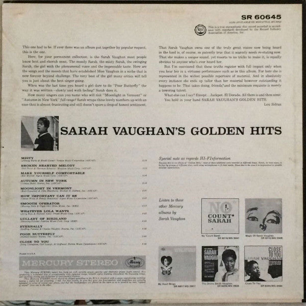 Release: Sarah Vaughan's Golden Hits!!!-Vinyl-US-1961-SR 60645-6615956