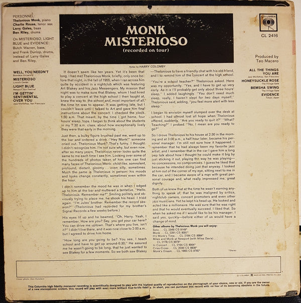 Release: Misterioso (Recorded On Tour)-Vinyl-US-1965-CL 2416-2595634