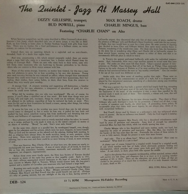 Release: Jazz At Massey Hall-Vinyl-US-1983-OJC-044, DEB-124-1185621