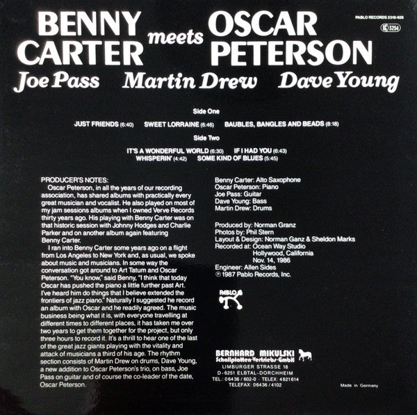 Release: Benny Carter Meets Oscar Peterson-Vinyl-Germany-1987-2310-926-6000324