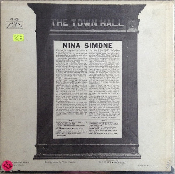 Release: Nina Simone At Town Hall-Vinyl-US-1963-SCP 409-4680636
