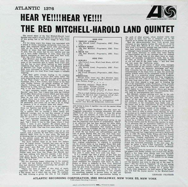 Master Release: Hear Ye!!!! Hear Ye!!!! by The Red Mitchell - Harold Land Quintet