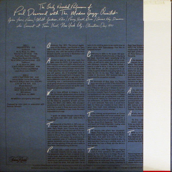 Release: The Only Recorded Performance Of Paul Desmond With The Modern Jazz Quartet-Vinyl-Japan-1981-25PJ-50-2232074