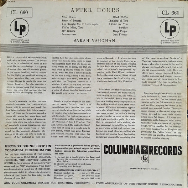 Release: After Hours With Sarah Vaughan-Vinyl-US-None-CL 660-18953194