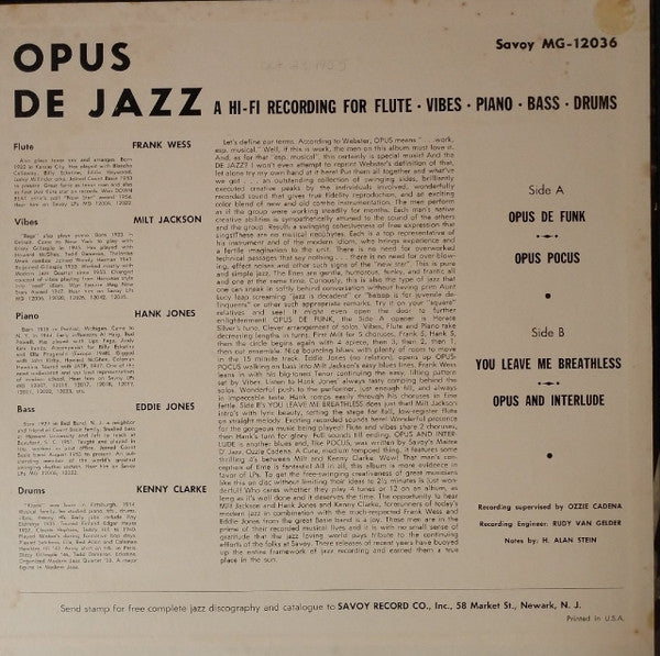 Release: Opus De Jazz-Vinyl-US-1955-MG 12036, MG-12036-10063886