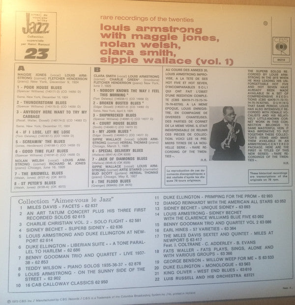Release: Louis Armstrong With Maggie Jones, Nolan Welsh, Clara Smith, Sippie Wallace (Vol. 1)-Vinyl-Netherlands-1973-64218-2760503
