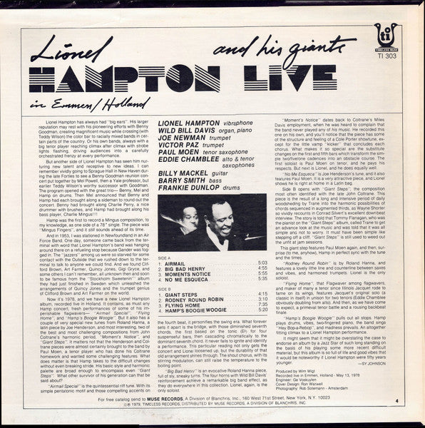 Release: Lionel Hampton And His Giants Live In Emmen/Holland-Vinyl-US-1979-TI 303-3062972
