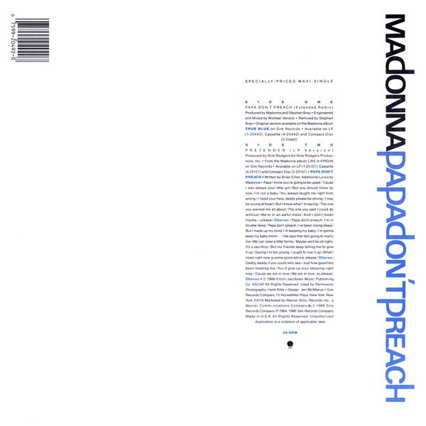 Release: Papa Don't Preach-Vinyl-US-1986-0-20492-7762793
