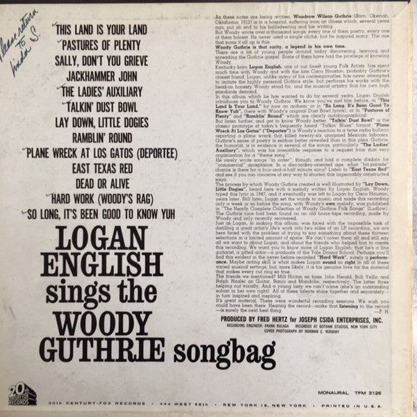 Release: Sings The Woody Guthrie Songbag-Vinyl-US-1964-TFM 3126-4719085