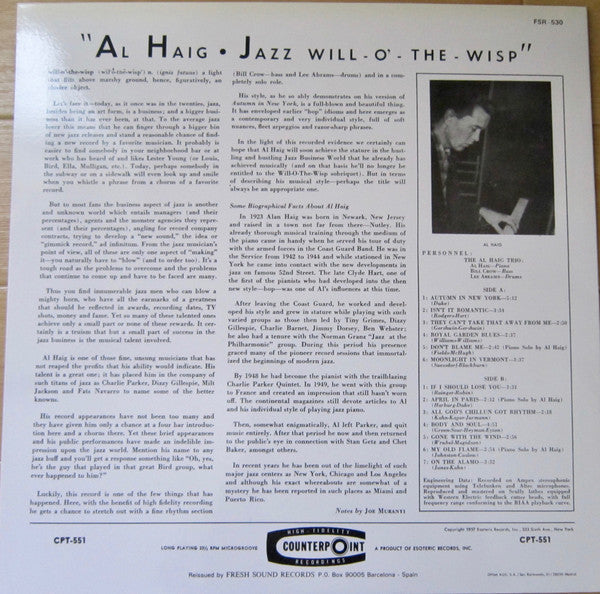 Release: Al Haig Trio-Vinyl-Spain-1986-FSR-530, CPT-551-9649581