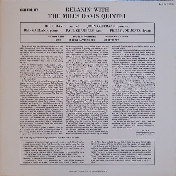 Release: Relaxin' With The Miles Davis Quintet-Vinyl-US-1985-OJC-190, P-7129-2221235