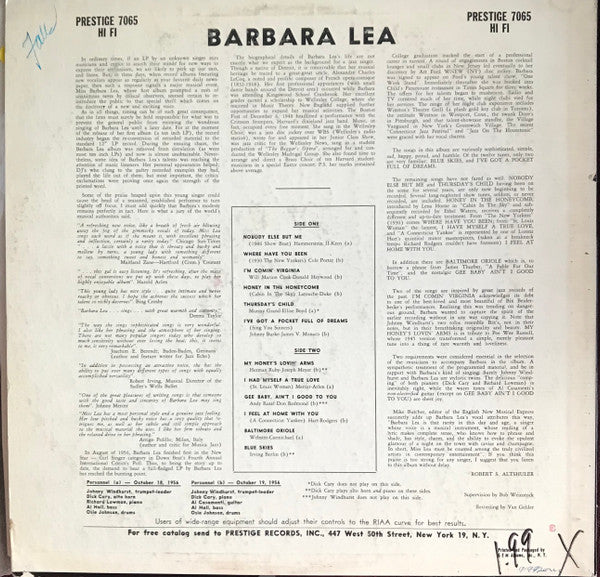 Release: Barbara Lea With The Johnny Windhurst Quintets-Vinyl-US-1956-PRLP 7065-4797335