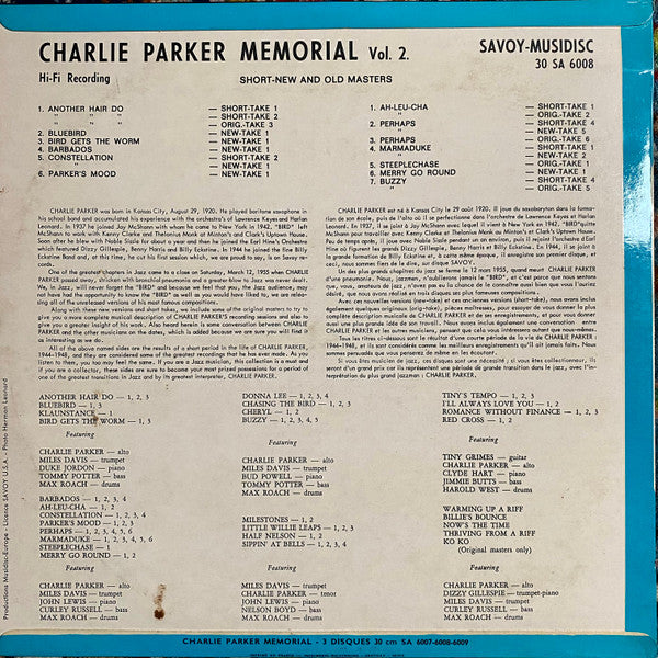 Release: Charlie Parker Memorial-Vinyl-France-None-SA 6008, 30 SA 6008, 6008-3267152