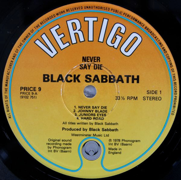 Release: Never Say Die!-Vinyl-UK-1983-PRICE 9, 910275-1-1788010