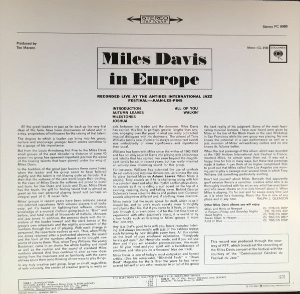 Release: Miles Davis In Europe-Vinyl-US-None-PC 8983-11587757