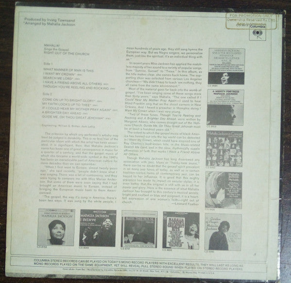 Master Release: Sings The Gospel Right Out Of The Church by Mahalia Jackson