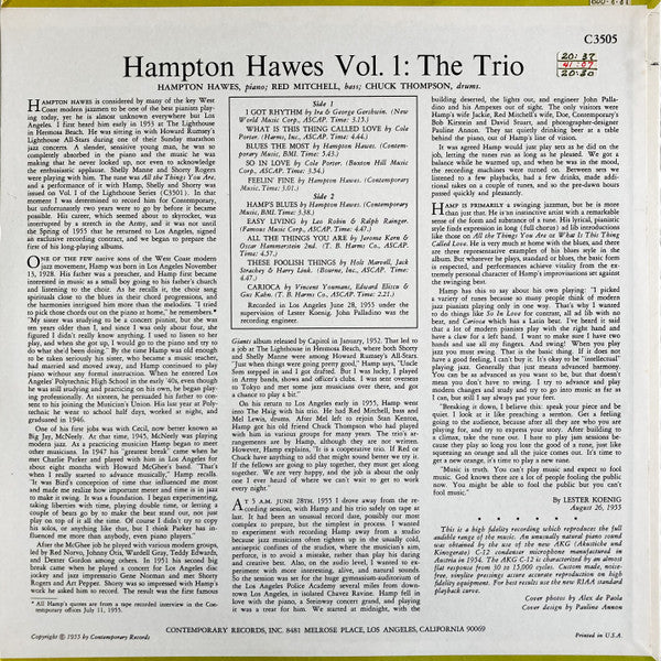 Release: Hampton Hawes Vol. 1: The Trio-Vinyl-US-1980-C3505-23655404