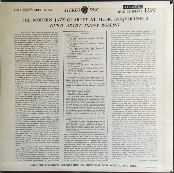 Release: The Modern Jazz Quartet At Music Inn —  Volume 2-Vinyl-US-None-1299, SD 1299-11253482