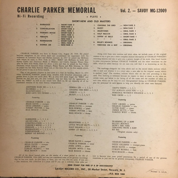 Release: Charlie Parker Memorial Vol. 2-Vinyl-US-None-MG-12009-13866822