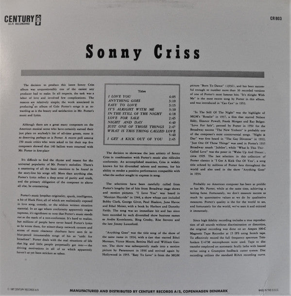 Release: Sonny Criss Plays Cole Porter-Vinyl-Denmark-1987-CR 803-15830197