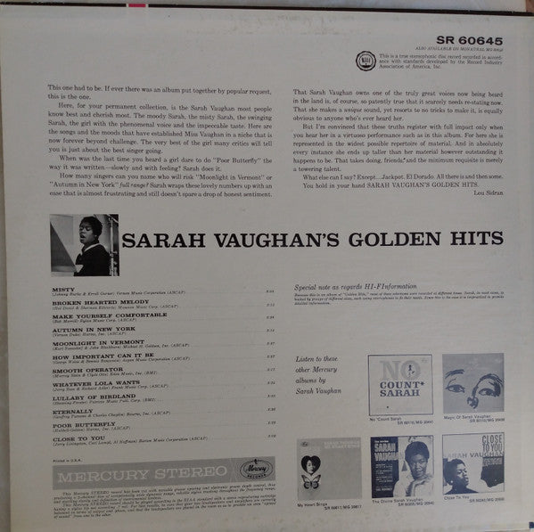 Release: Sarah Vaughan's Golden Hits!!!-Vinyl-US-None-SR 60645-15962319